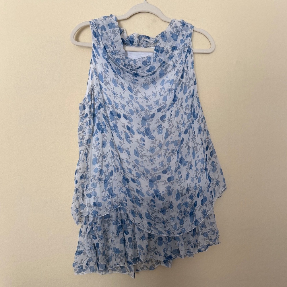 Cosmo Made in Italy Blue Floral Tiered Chiffon Sleeveless Cowl Neck Blouse L